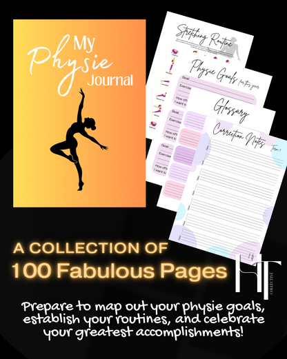 Physie Journal with silhouette of a dancer on an orange background, showing sample pages.